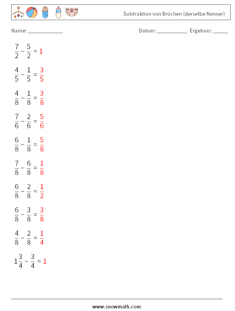 (10) Subtraktion von Brüchen (derselbe Nenner) Mathe-Arbeitsblätter 6 Frage, Antwort