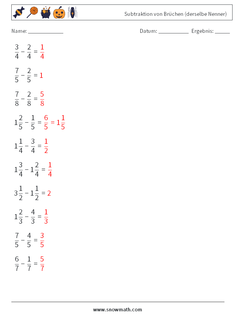 (10) Subtraktion von Brüchen (derselbe Nenner) Mathe-Arbeitsblätter 8 Frage, Antwort