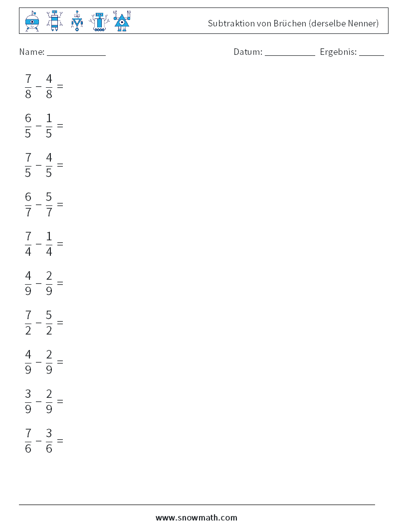 (10) Subtraktion von Brüchen (derselbe Nenner) Mathe-Arbeitsblätter 9