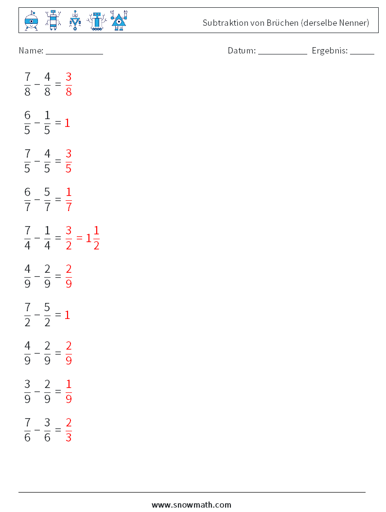 (10) Subtraktion von Brüchen (derselbe Nenner) Mathe-Arbeitsblätter 9 Frage, Antwort