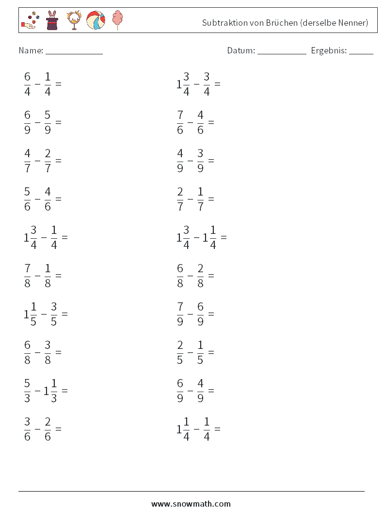 (20) Subtraktion von Brüchen (derselbe Nenner) Mathe-Arbeitsblätter 1