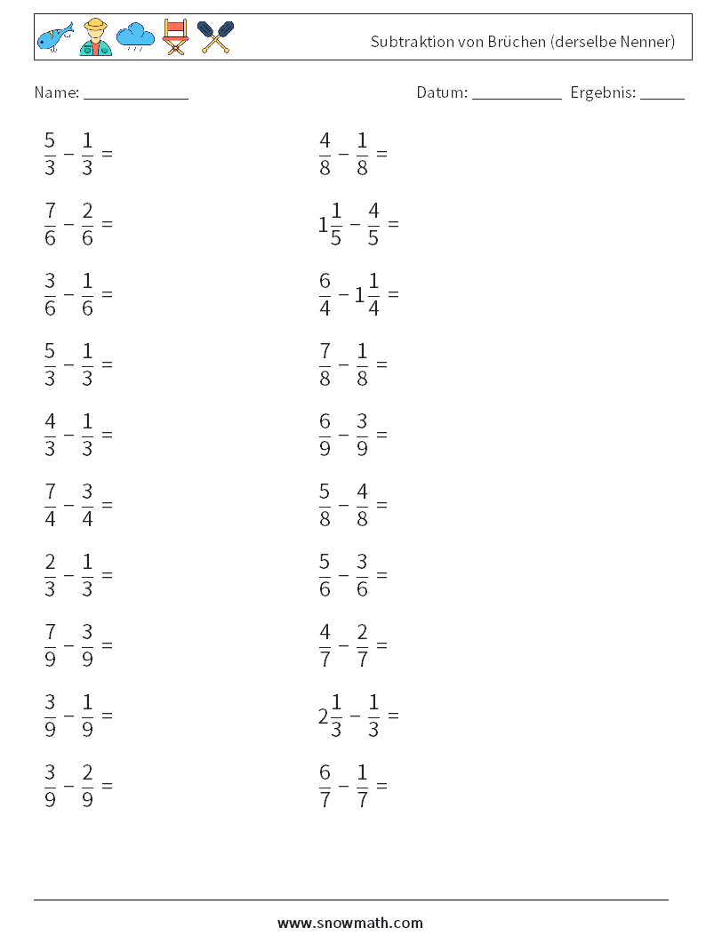 (20) Subtraktion von Brüchen (derselbe Nenner) Mathe-Arbeitsblätter 10