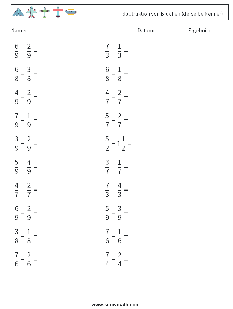 (20) Subtraktion von Brüchen (derselbe Nenner) Mathe-Arbeitsblätter 11