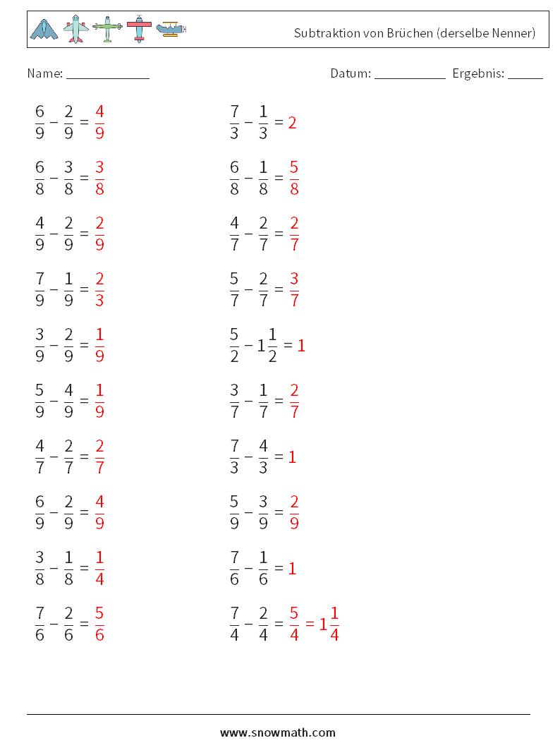 (20) Subtraktion von Brüchen (derselbe Nenner) Mathe-Arbeitsblätter 11 Frage, Antwort