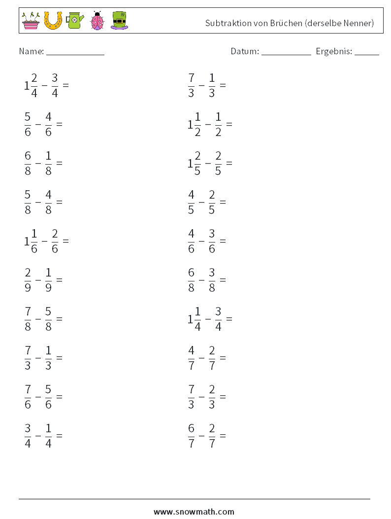 (20) Subtraktion von Brüchen (derselbe Nenner) Mathe-Arbeitsblätter 12