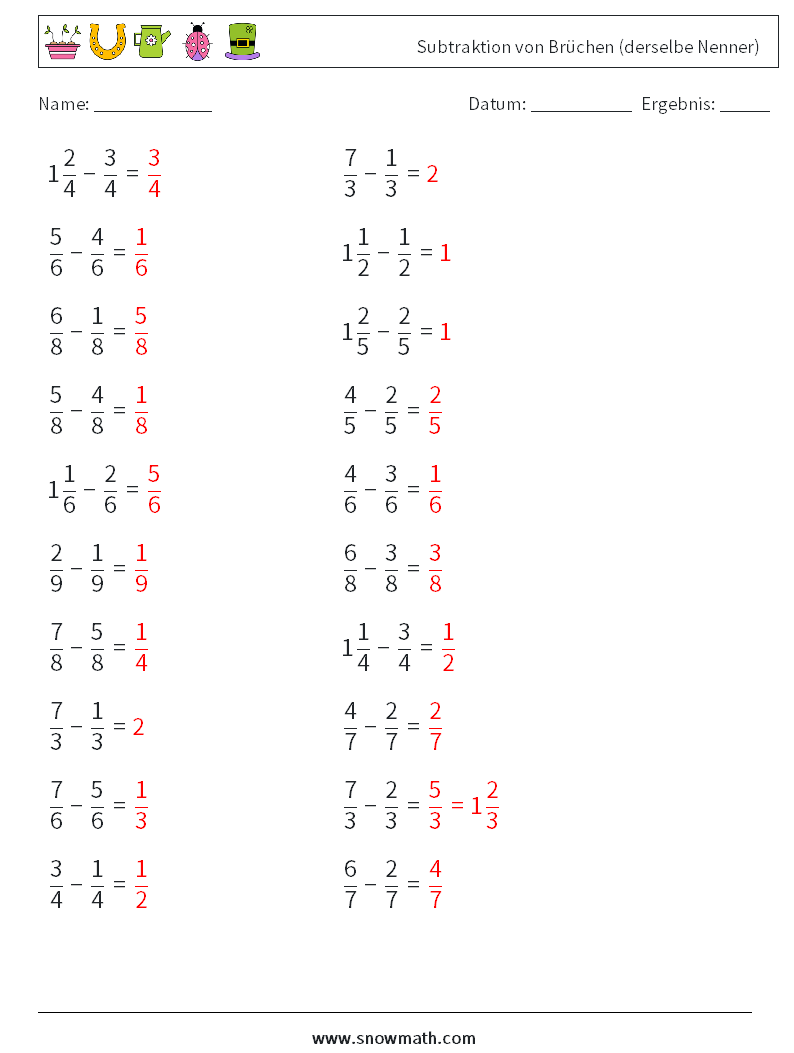 (20) Subtraktion von Brüchen (derselbe Nenner) Mathe-Arbeitsblätter 12 Frage, Antwort