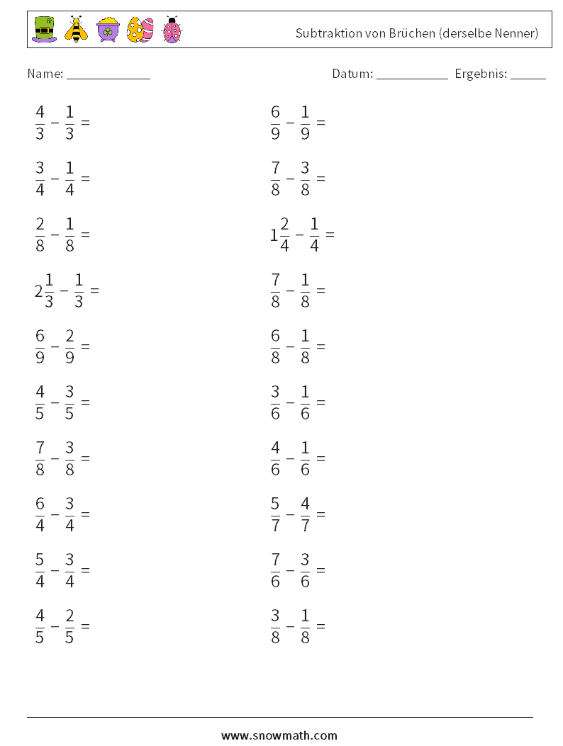 (20) Subtraktion von Brüchen (derselbe Nenner) Mathe-Arbeitsblätter 13