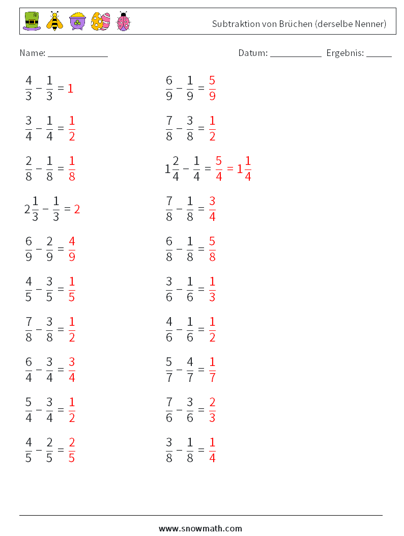 (20) Subtraktion von Brüchen (derselbe Nenner) Mathe-Arbeitsblätter 13 Frage, Antwort