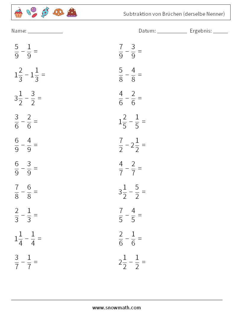 (20) Subtraktion von Brüchen (derselbe Nenner) Mathe-Arbeitsblätter 14