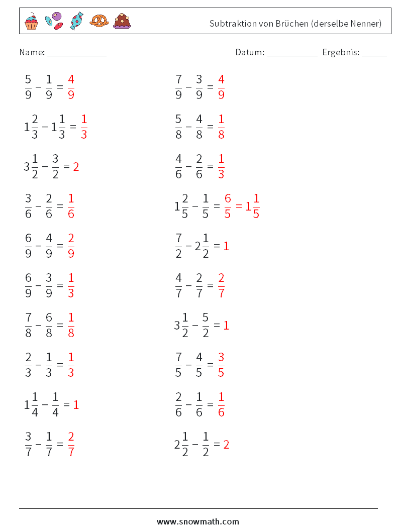 (20) Subtraktion von Brüchen (derselbe Nenner) Mathe-Arbeitsblätter 14 Frage, Antwort