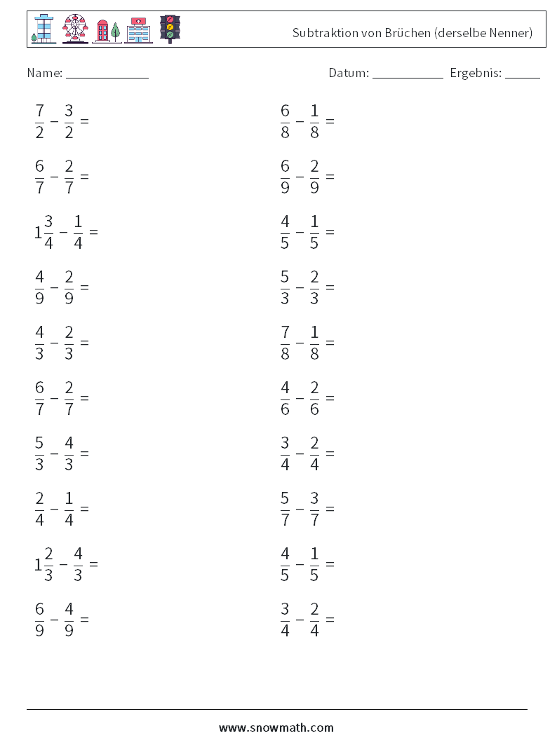 (20) Subtraktion von Brüchen (derselbe Nenner) Mathe-Arbeitsblätter 15