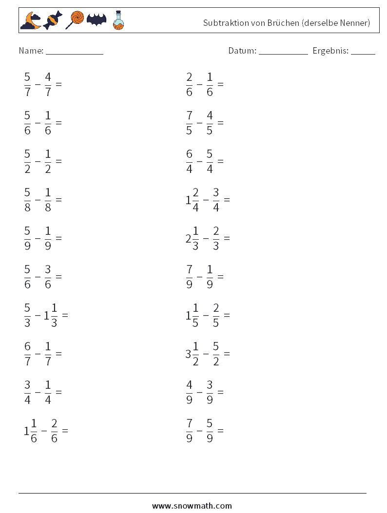 (20) Subtraktion von Brüchen (derselbe Nenner) Mathe-Arbeitsblätter 16