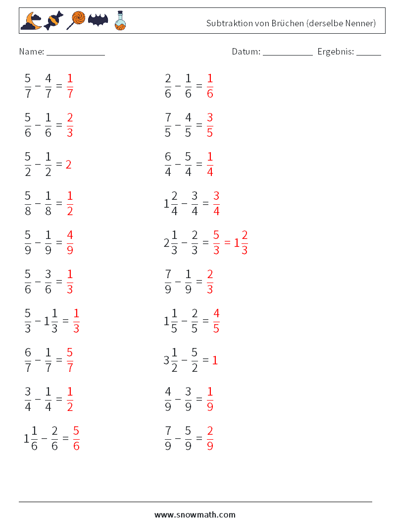 (20) Subtraktion von Brüchen (derselbe Nenner) Mathe-Arbeitsblätter 16 Frage, Antwort