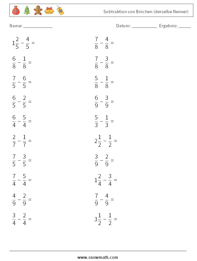 (20) Subtraktion von Brüchen (derselbe Nenner) Mathe-Arbeitsblätter 17