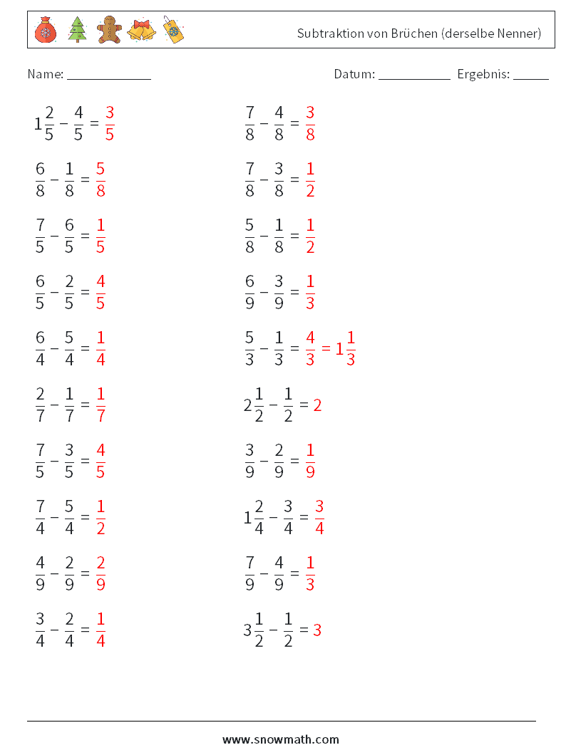 (20) Subtraktion von Brüchen (derselbe Nenner) Mathe-Arbeitsblätter 17 Frage, Antwort