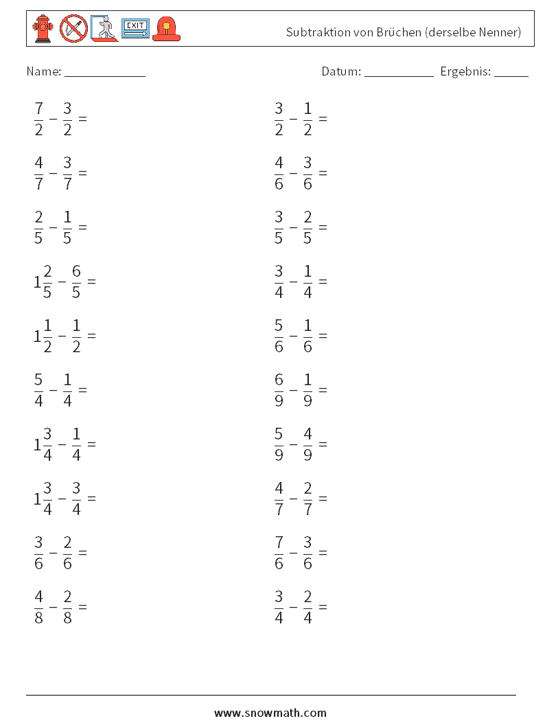 (20) Subtraktion von Brüchen (derselbe Nenner) Mathe-Arbeitsblätter 18