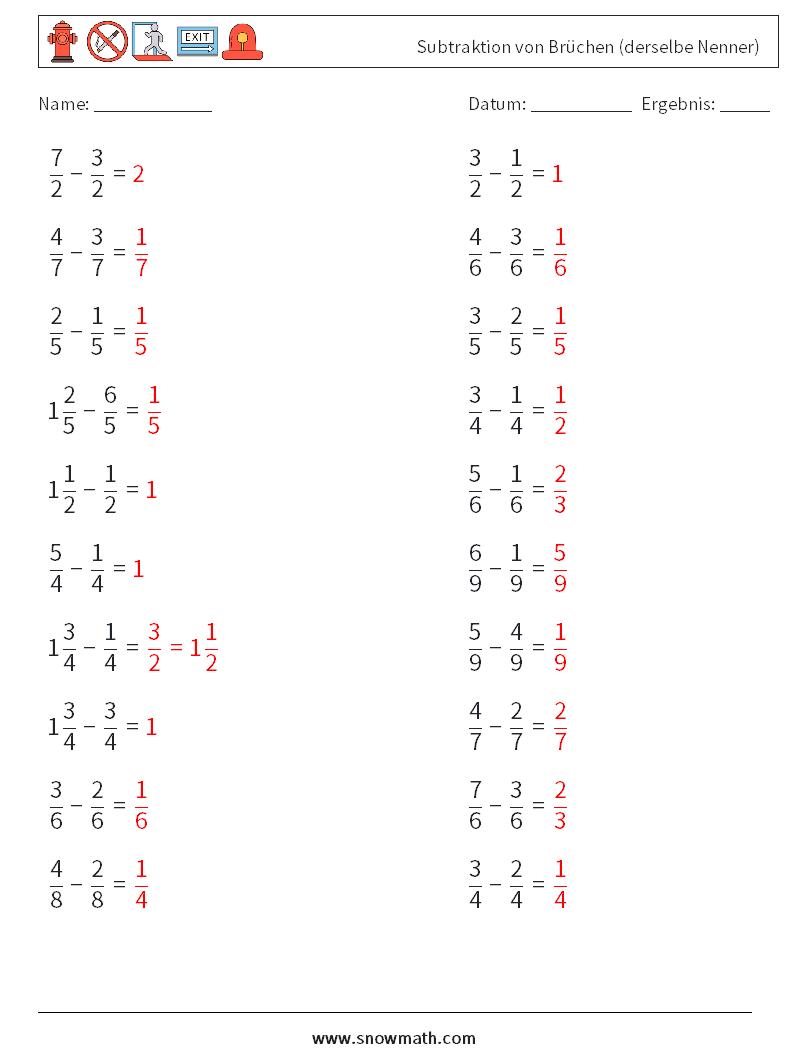 (20) Subtraktion von Brüchen (derselbe Nenner) Mathe-Arbeitsblätter 18 Frage, Antwort