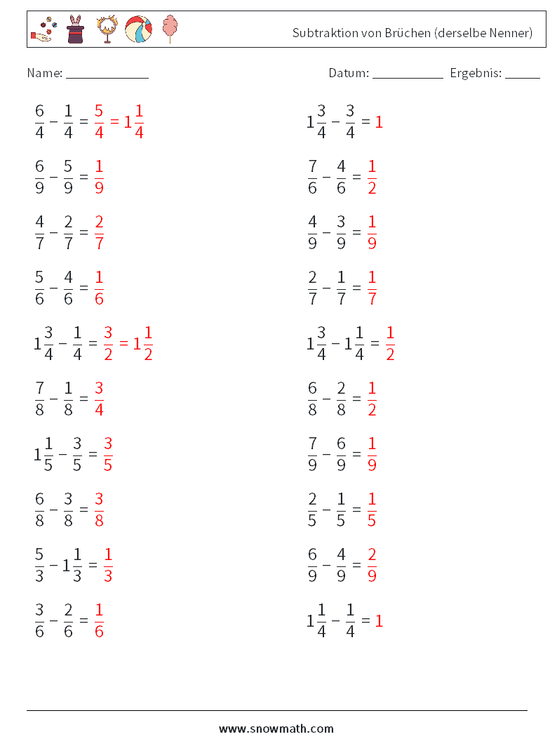 (20) Subtraktion von Brüchen (derselbe Nenner) Mathe-Arbeitsblätter 1 Frage, Antwort