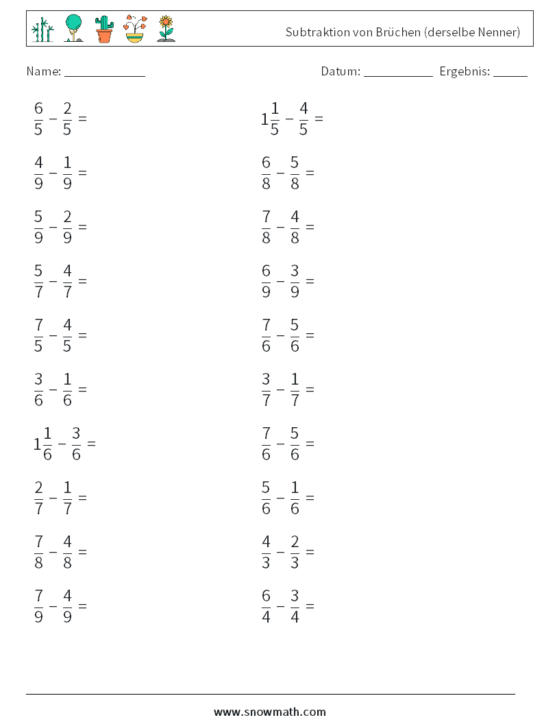 (20) Subtraktion von Brüchen (derselbe Nenner) Mathe-Arbeitsblätter 2