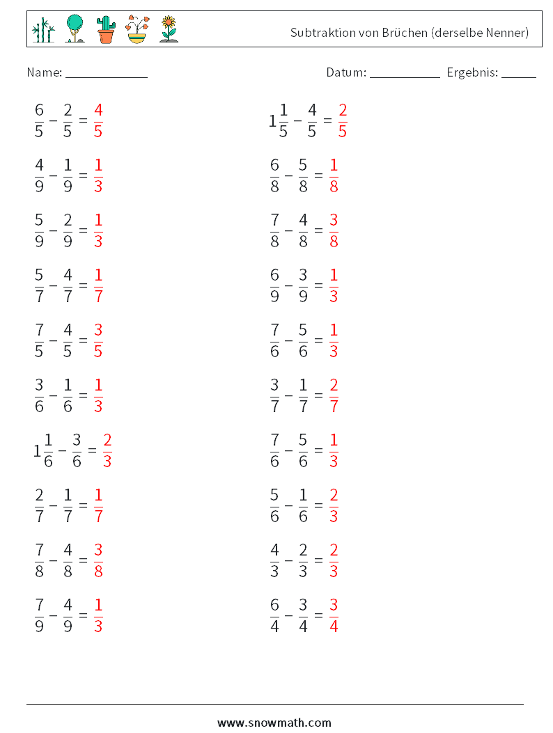 (20) Subtraktion von Brüchen (derselbe Nenner) Mathe-Arbeitsblätter 2 Frage, Antwort