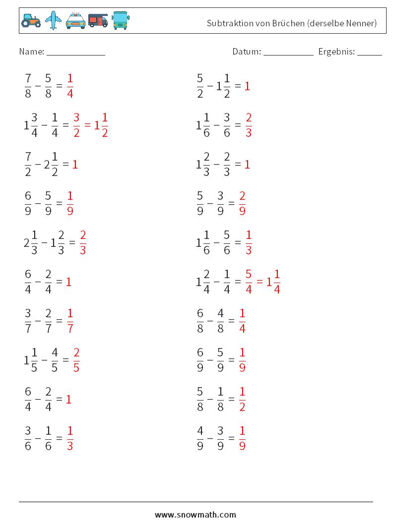 (20) Subtraktion von Brüchen (derselbe Nenner) Mathe-Arbeitsblätter 3 Frage, Antwort