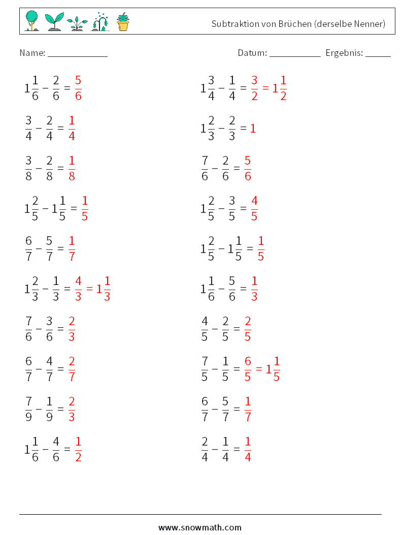 (20) Subtraktion von Brüchen (derselbe Nenner) Mathe-Arbeitsblätter 4 Frage, Antwort