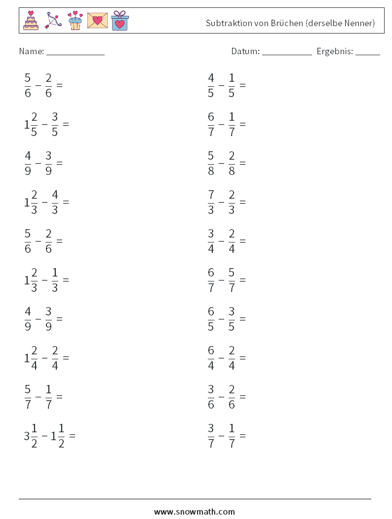 (20) Subtraktion von Brüchen (derselbe Nenner) Mathe-Arbeitsblätter 5