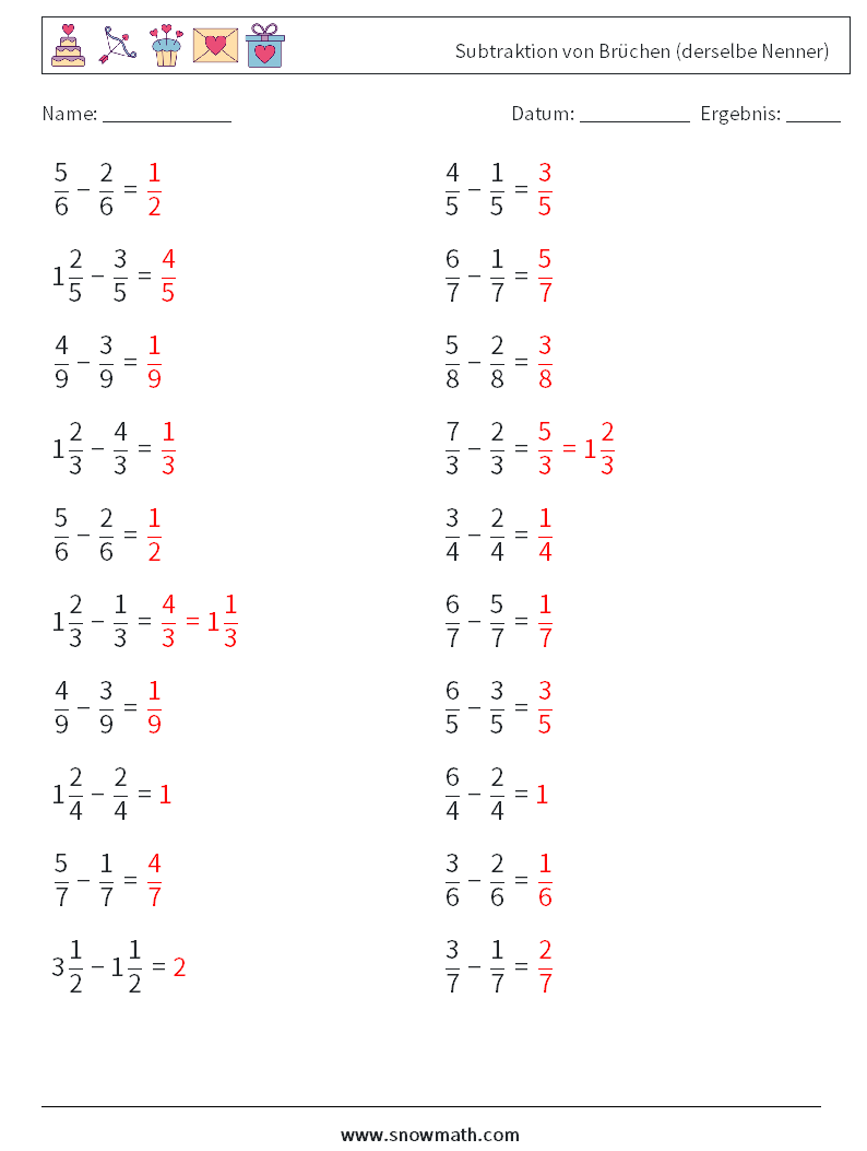 (20) Subtraktion von Brüchen (derselbe Nenner) Mathe-Arbeitsblätter 5 Frage, Antwort