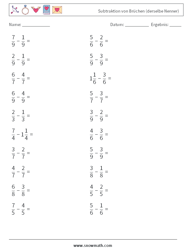 (20) Subtraktion von Brüchen (derselbe Nenner) Mathe-Arbeitsblätter 6