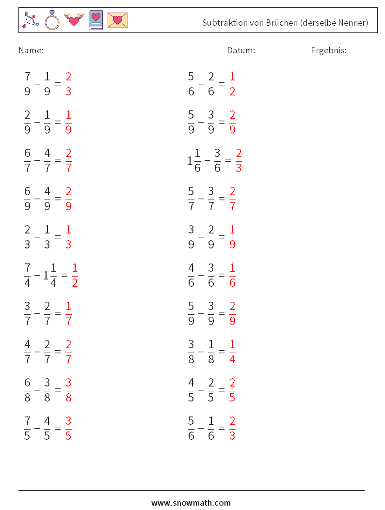 (20) Subtraktion von Brüchen (derselbe Nenner) Mathe-Arbeitsblätter 6 Frage, Antwort