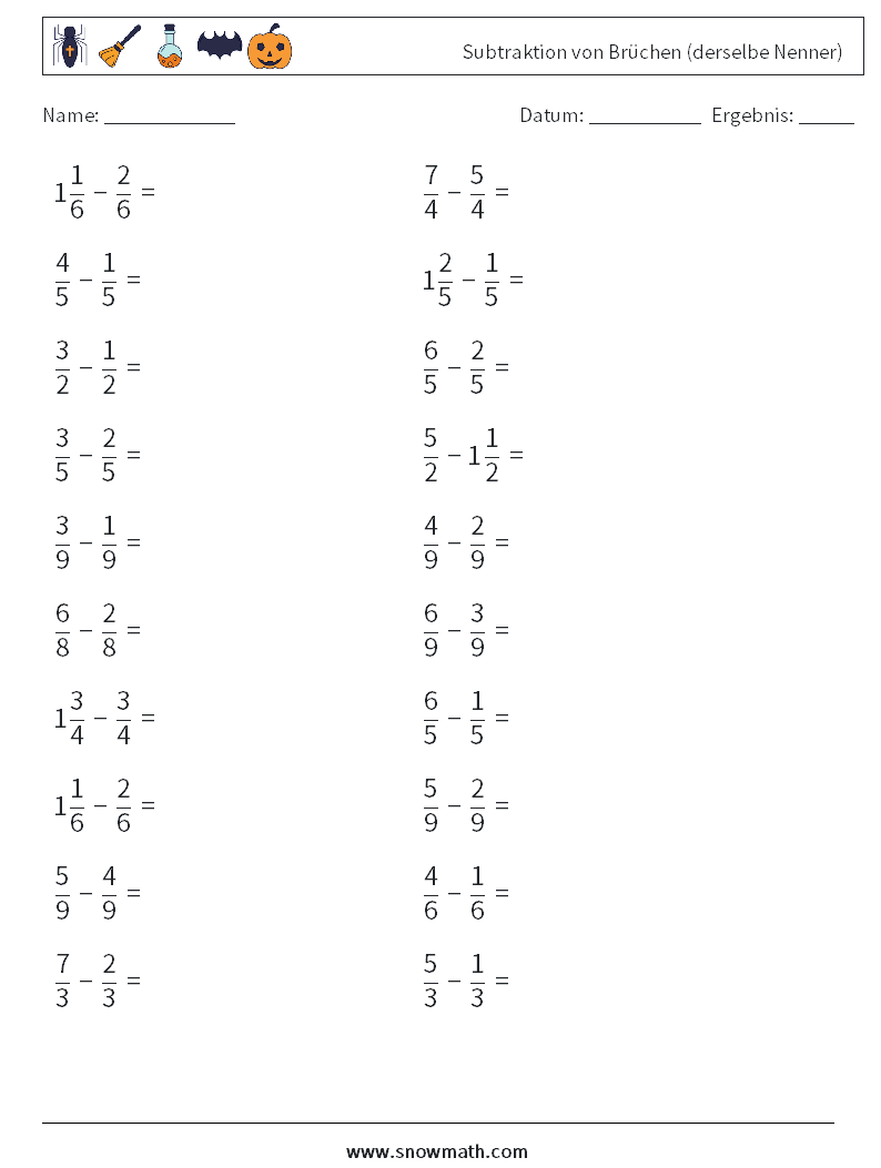 (20) Subtraktion von Brüchen (derselbe Nenner) Mathe-Arbeitsblätter 7