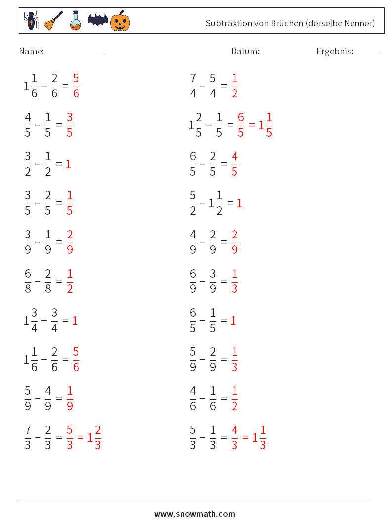 (20) Subtraktion von Brüchen (derselbe Nenner) Mathe-Arbeitsblätter 7 Frage, Antwort