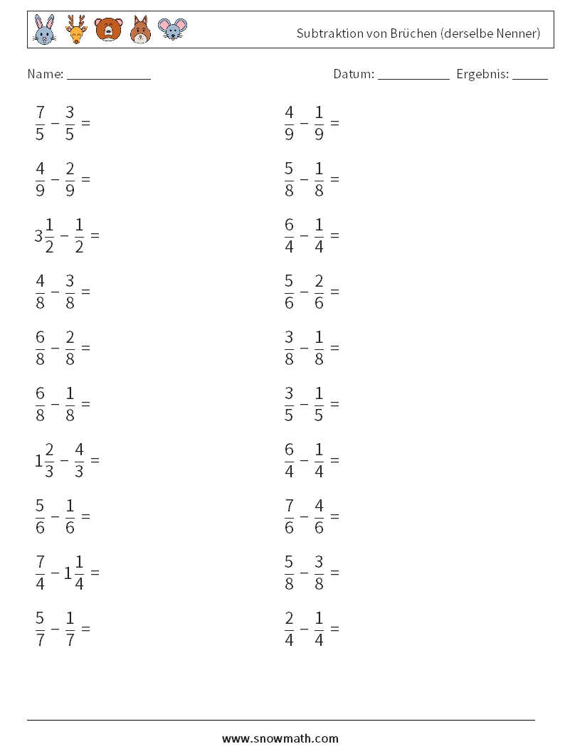 (20) Subtraktion von Brüchen (derselbe Nenner) Mathe-Arbeitsblätter 8