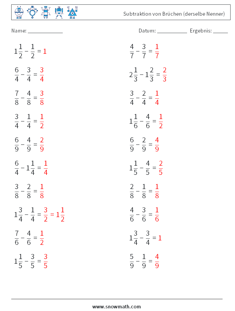 (20) Subtraktion von Brüchen (derselbe Nenner) Mathe-Arbeitsblätter 9 Frage, Antwort