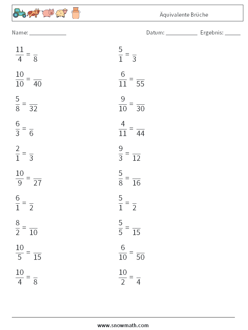 (20) Äquivalente Brüche Mathe-Arbeitsblätter 1