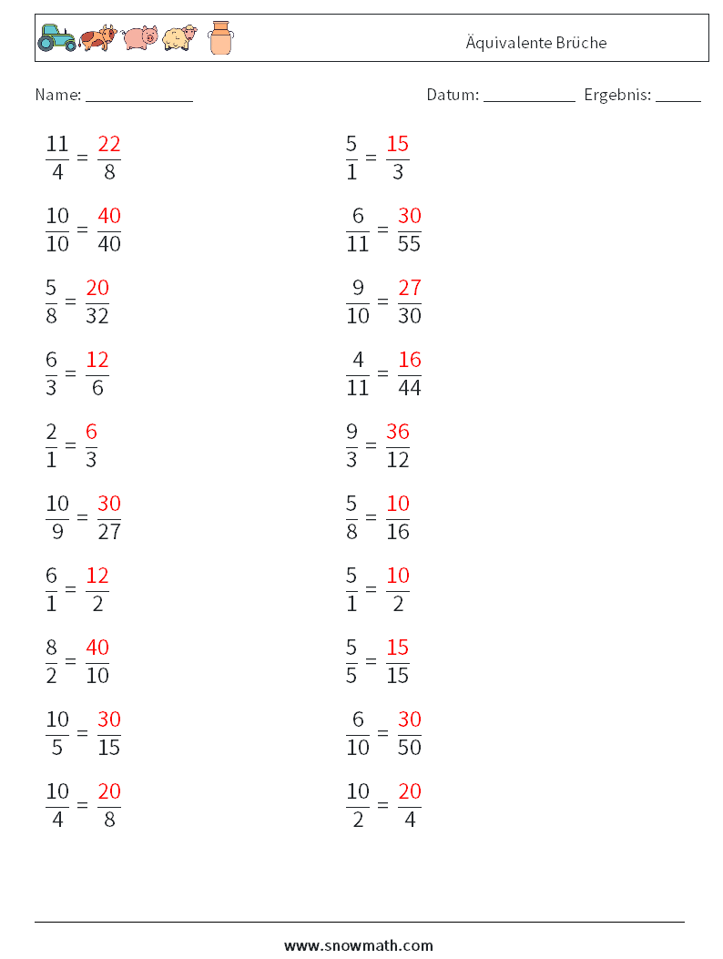 (20) Äquivalente Brüche Mathe-Arbeitsblätter 1 Frage, Antwort