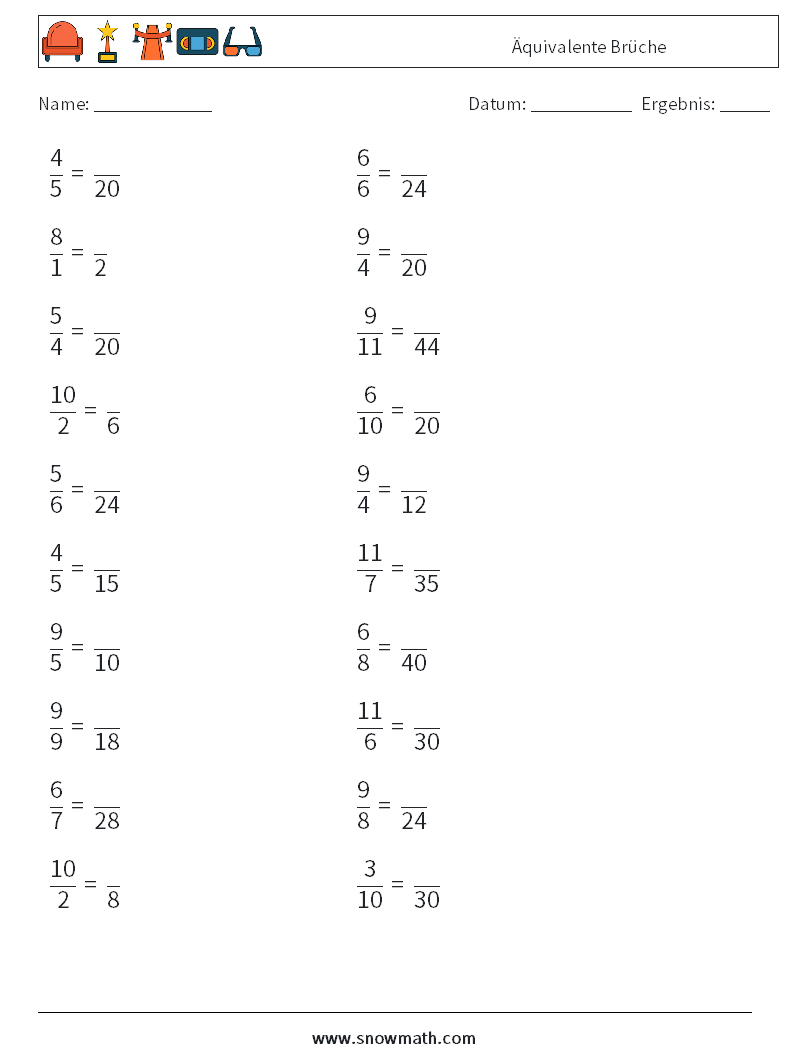 (20) Äquivalente Brüche Mathe-Arbeitsblätter 2