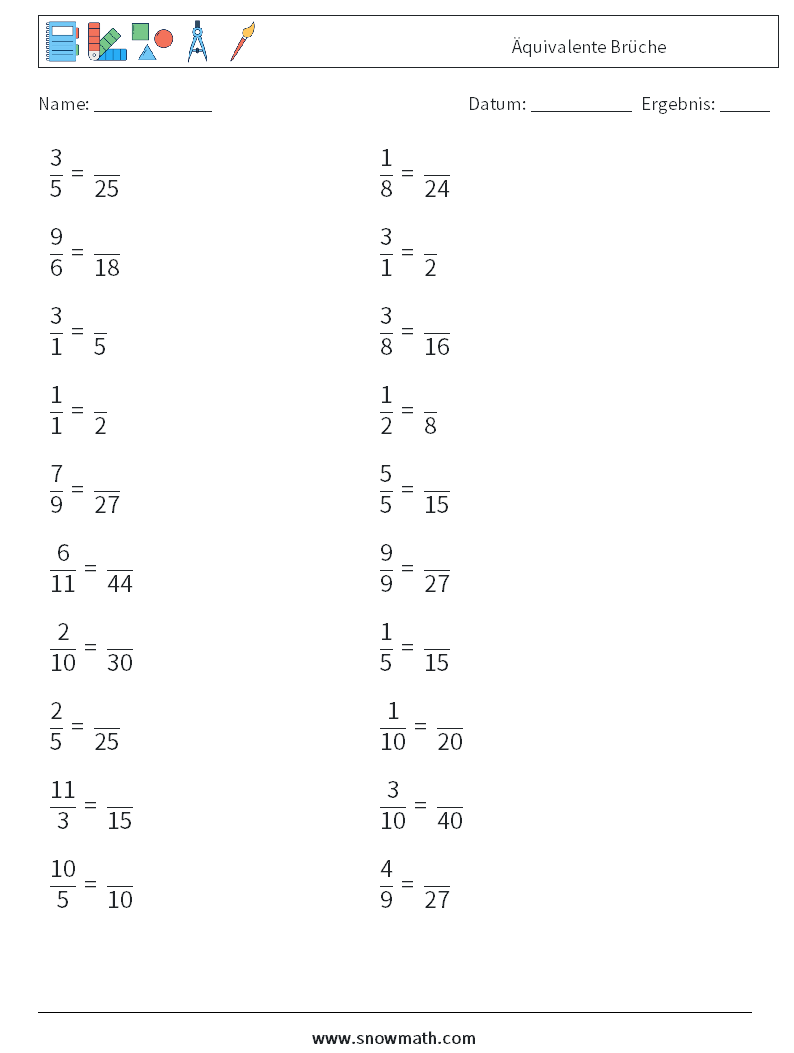 (20) Äquivalente Brüche Mathe-Arbeitsblätter 4