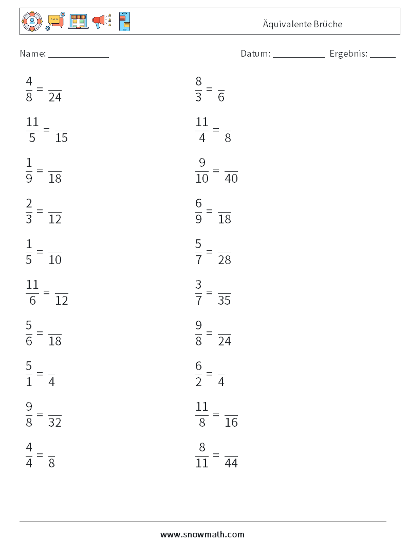 (20) Äquivalente Brüche Mathe-Arbeitsblätter 6