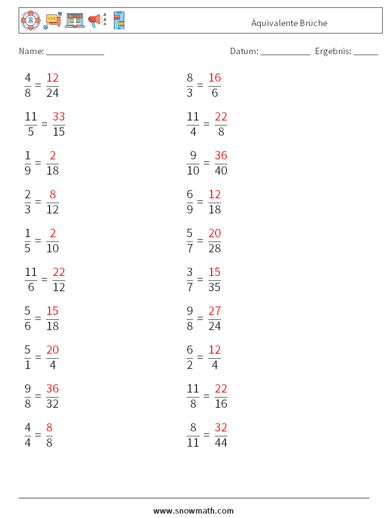 (20) Äquivalente Brüche Mathe-Arbeitsblätter 6 Frage, Antwort