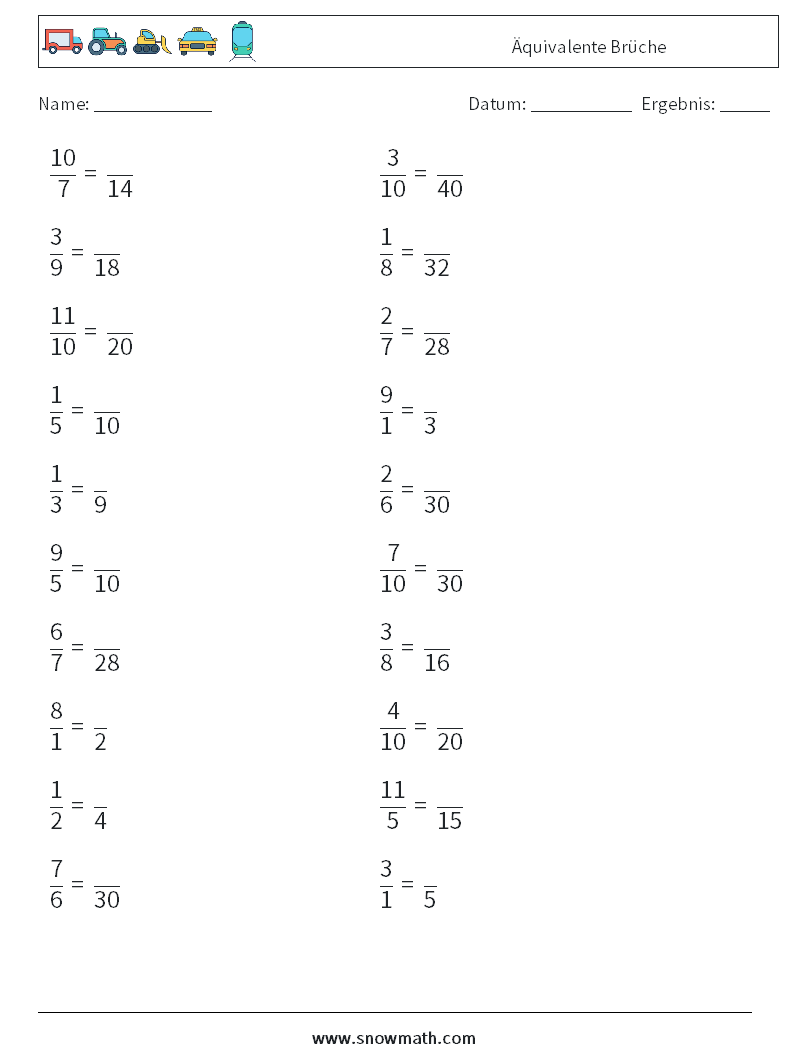 (20) Äquivalente Brüche Mathe-Arbeitsblätter 7