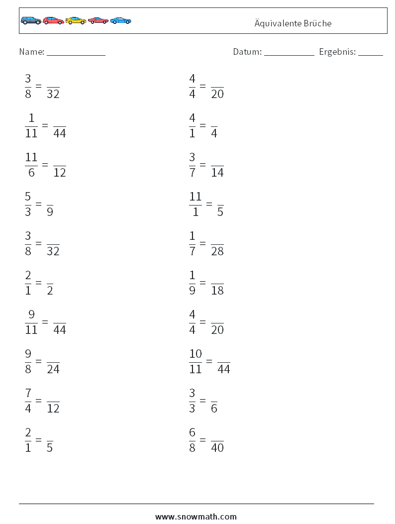 (20) Äquivalente Brüche Mathe-Arbeitsblätter 8