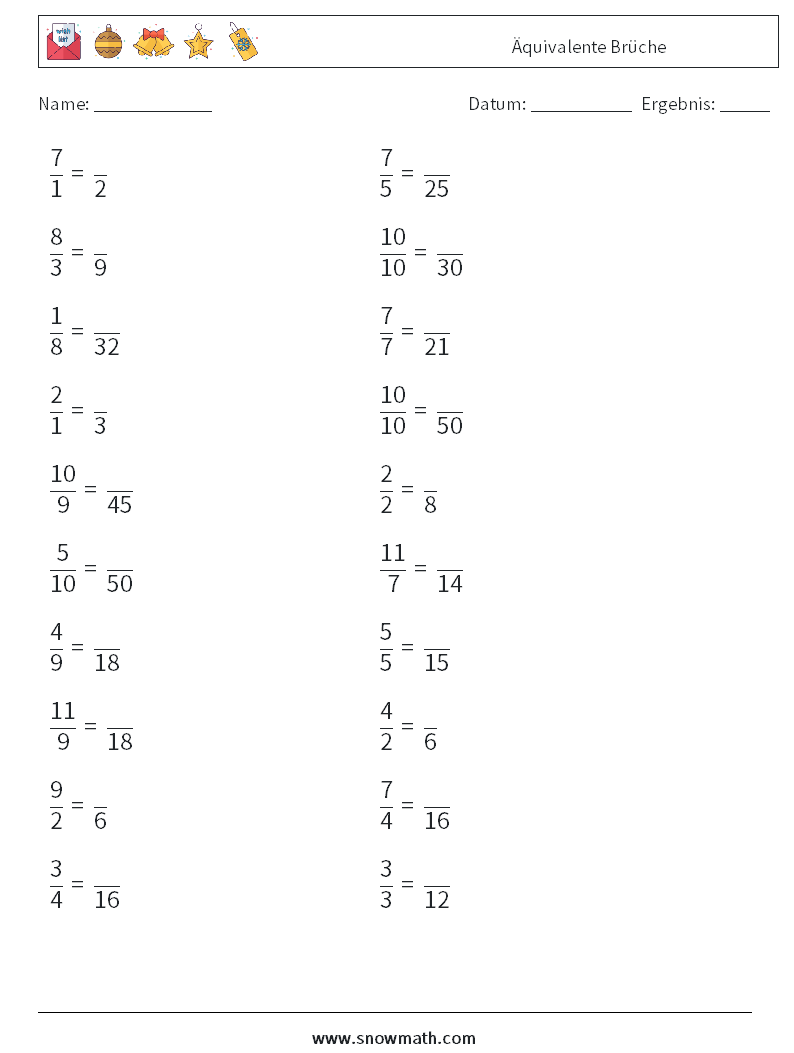 (20) Äquivalente Brüche Mathe-Arbeitsblätter 9