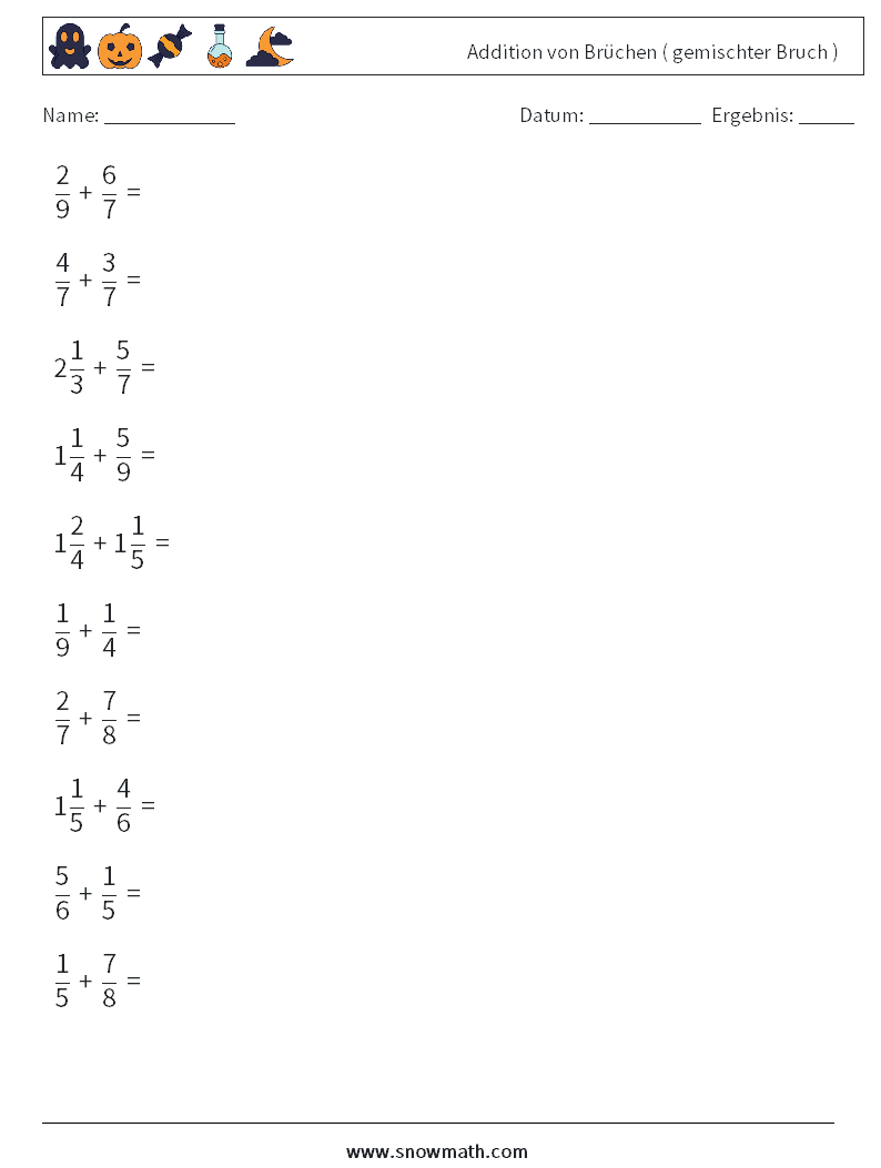 (10) Addition von Brüchen ( gemischter Bruch ) Mathe-Arbeitsblätter 1