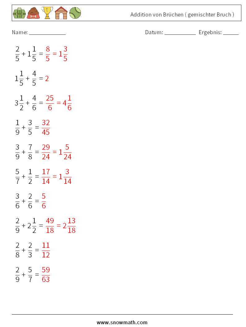 (10) Addition von Brüchen ( gemischter Bruch ) Mathe-Arbeitsblätter 13 Frage, Antwort