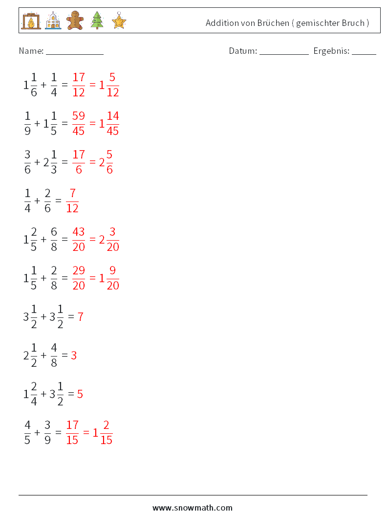 (10) Addition von Brüchen ( gemischter Bruch ) Mathe-Arbeitsblätter 14 Frage, Antwort