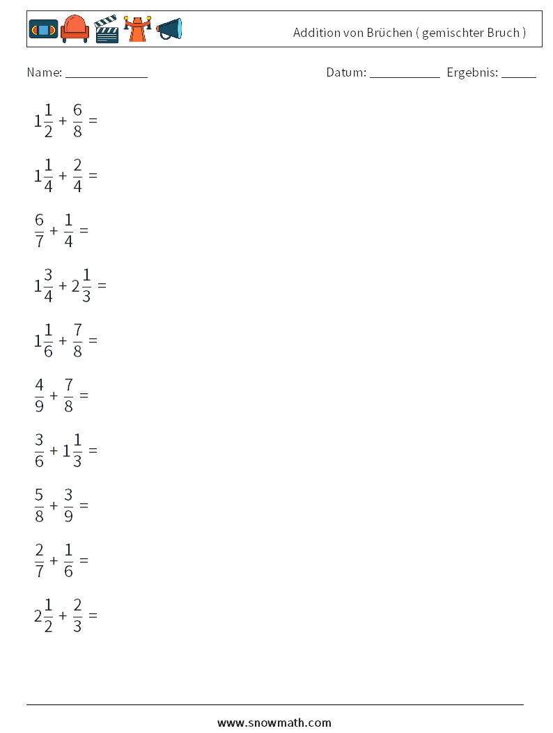 (10) Addition von Brüchen ( gemischter Bruch ) Mathe-Arbeitsblätter 15