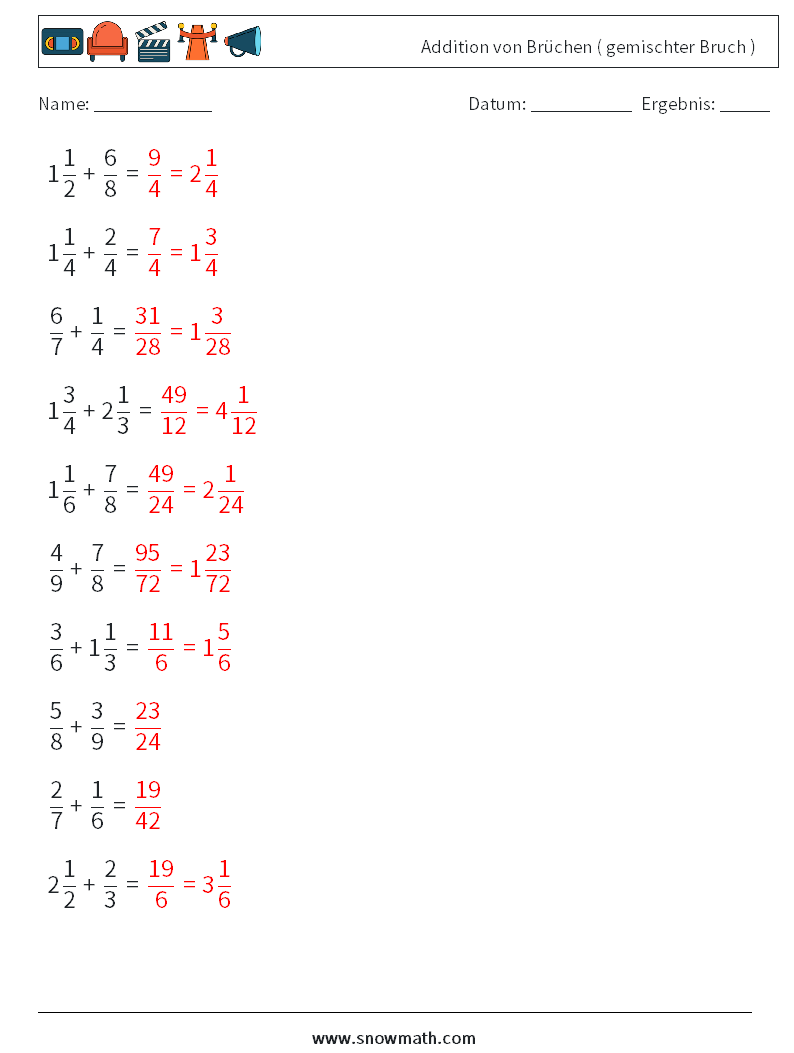 (10) Addition von Brüchen ( gemischter Bruch ) Mathe-Arbeitsblätter 15 Frage, Antwort