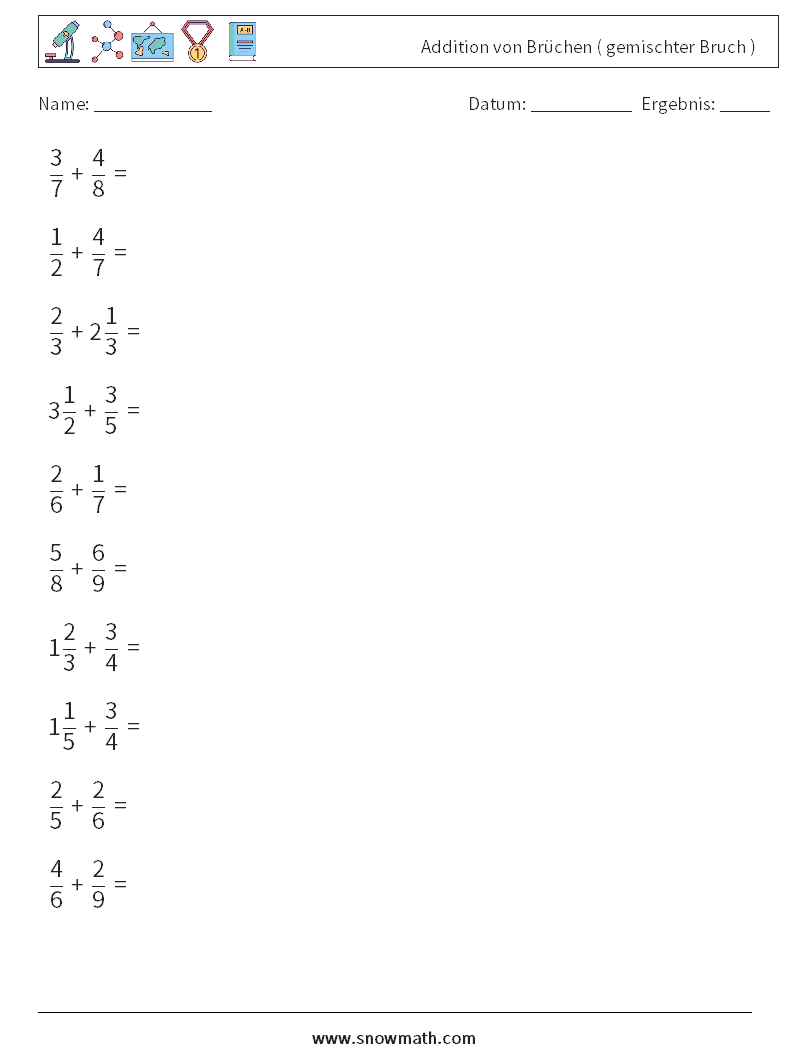 (10) Addition von Brüchen ( gemischter Bruch ) Mathe-Arbeitsblätter 16