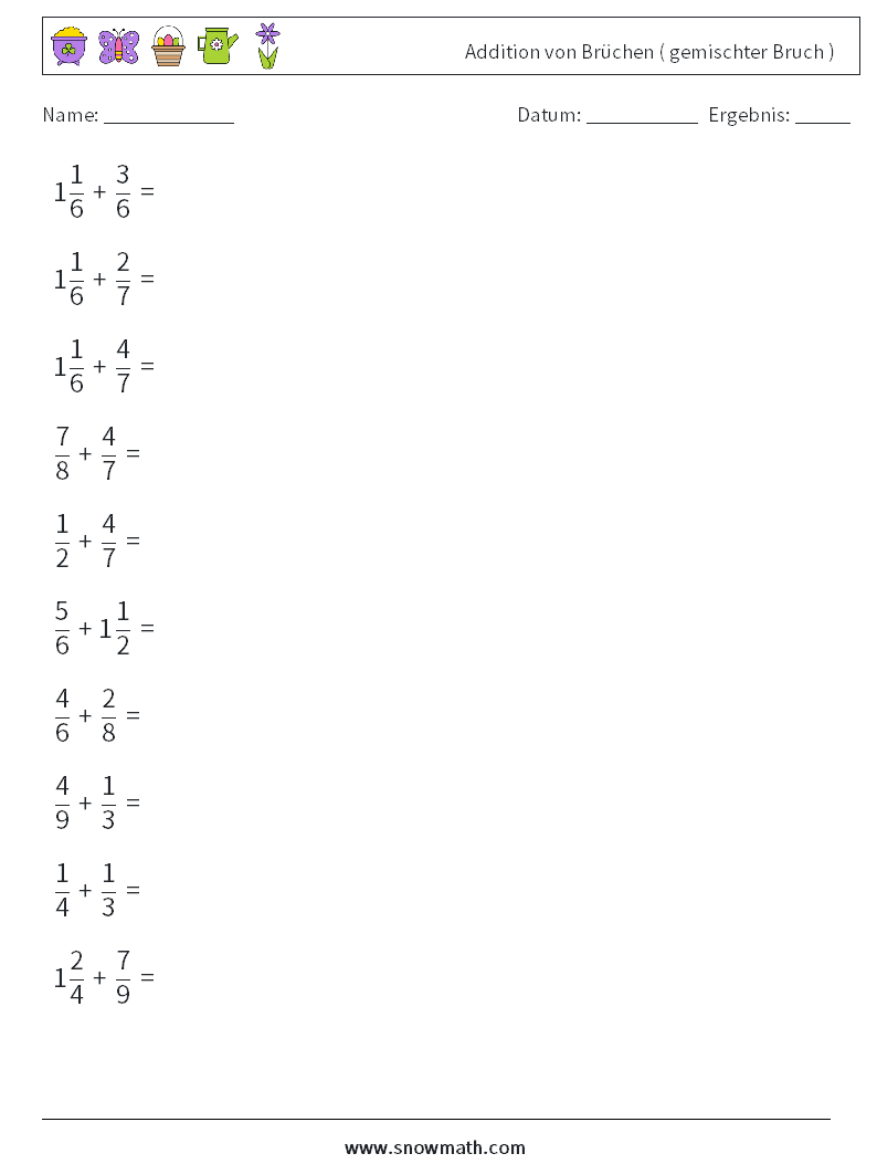 (10) Addition von Brüchen ( gemischter Bruch ) Mathe-Arbeitsblätter 18